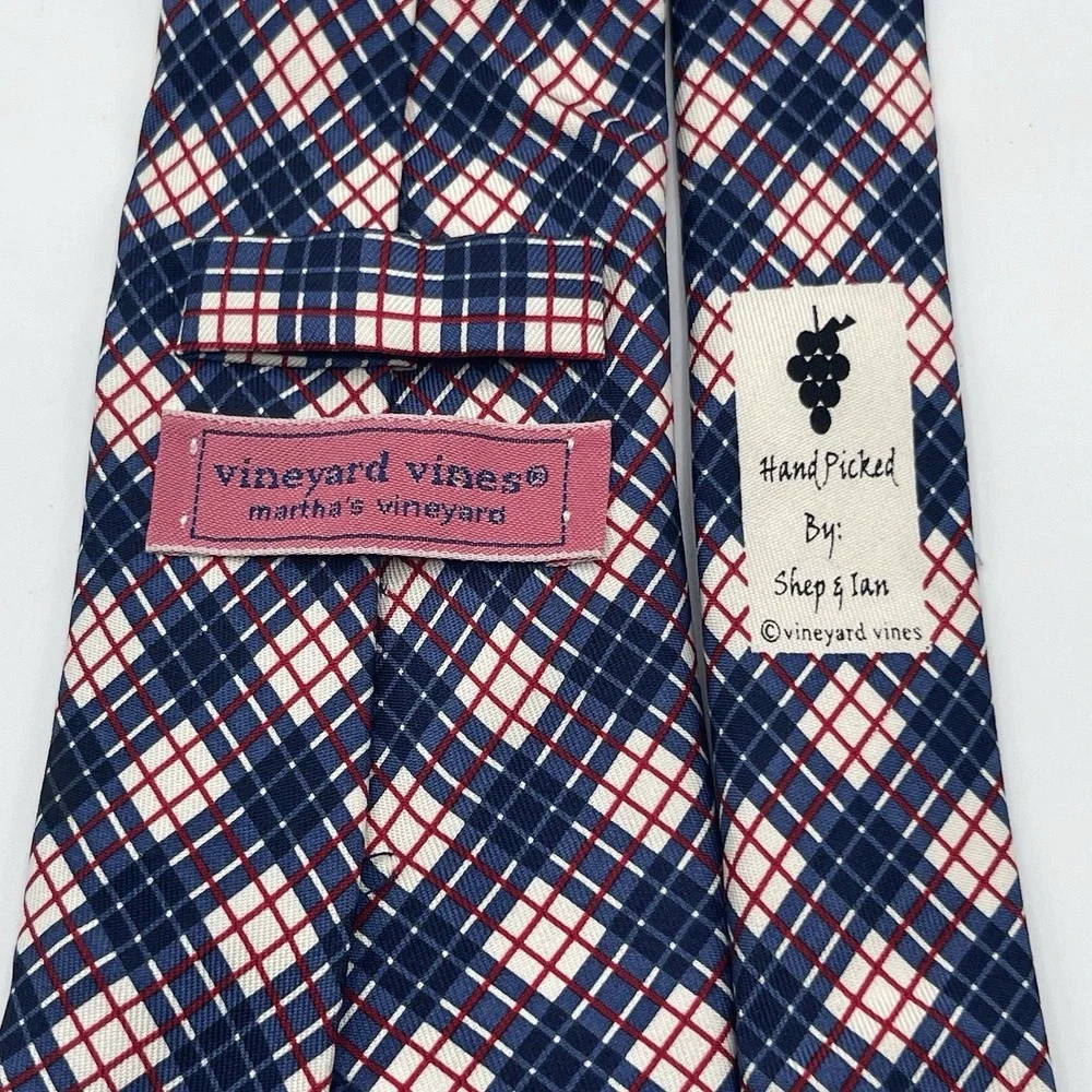 Vineyard Vines Preppy Plaid‎ Shep and Ian 100% Silk Heritage Tie Red White Blue